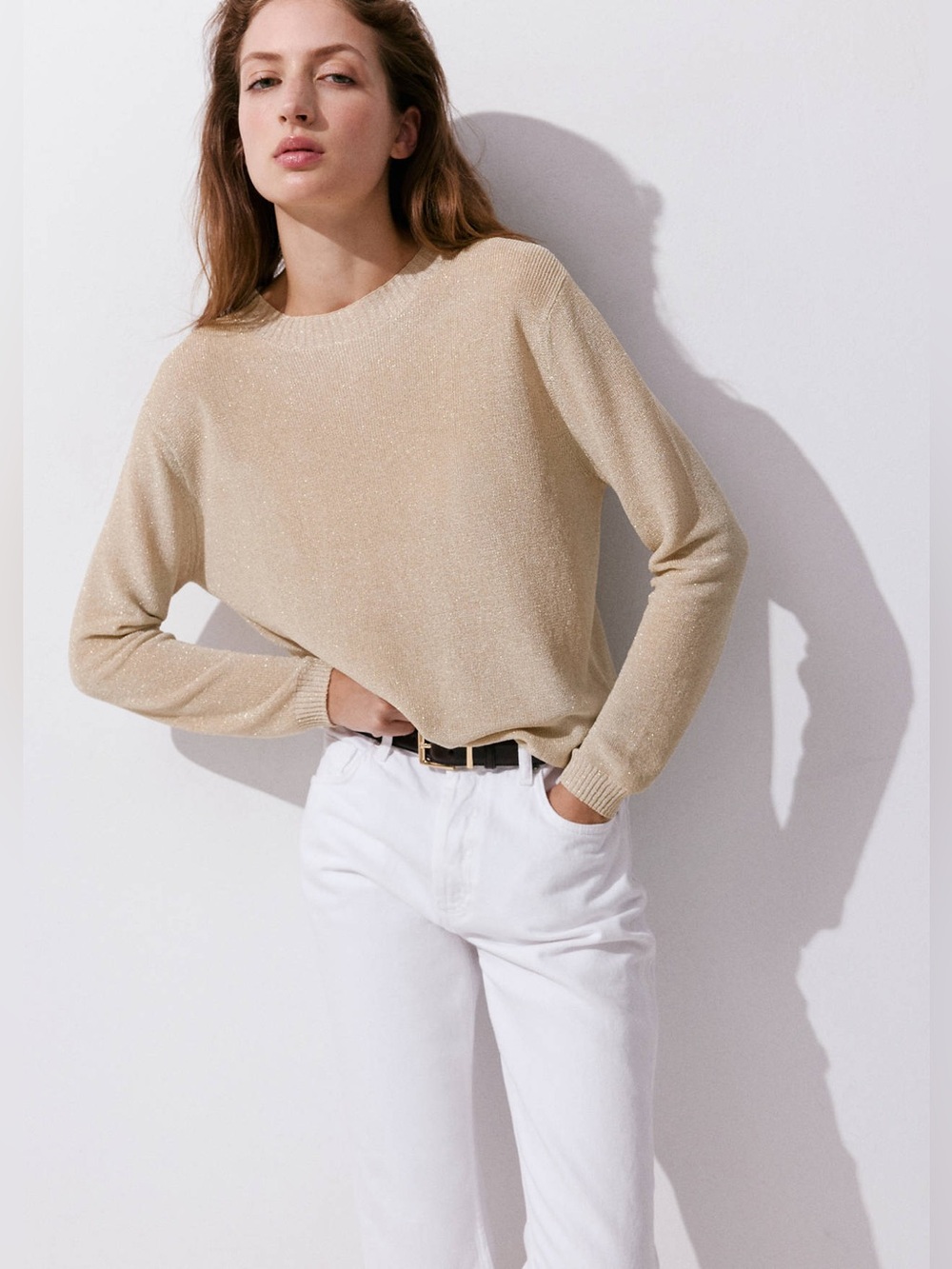MNG Mango Women's Camel Crewneck Sweater Wool Blend Versatile Pullover - Size M